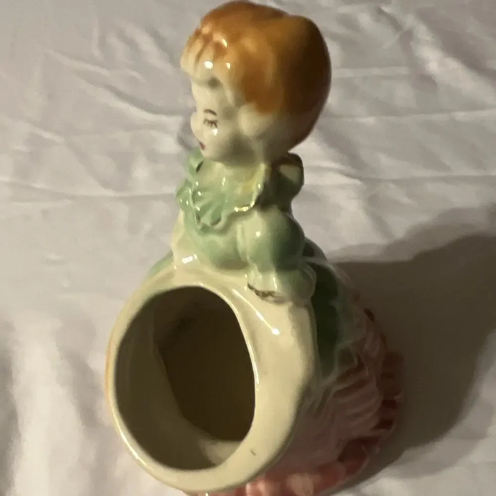 Vintage Ceramic Woman Figurine Bud Vase, Green Dress Pink Base, Small Gloss 6 in